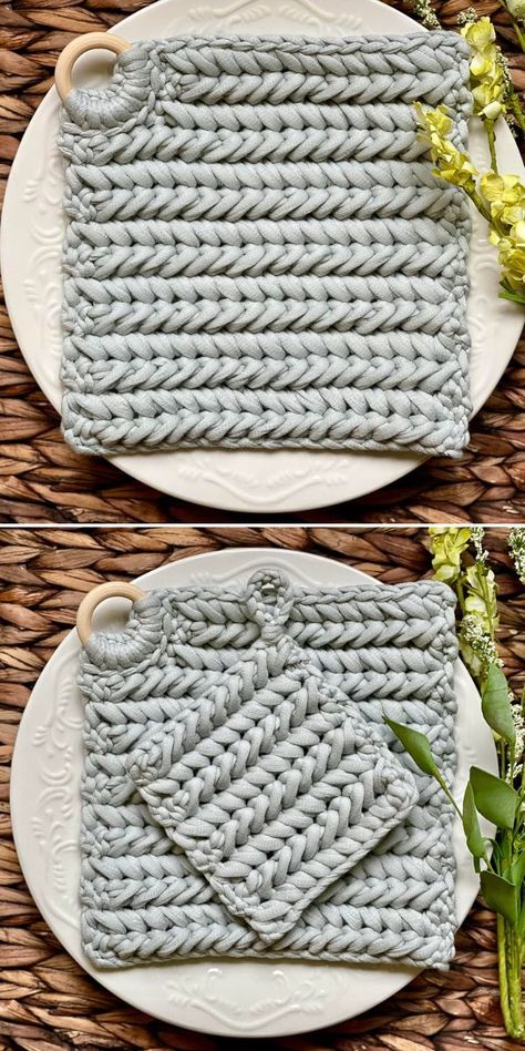 Use the unique qualities of bulky fabric yarn to your advantage and make one-of-a-kind stylish trivets. As you can see below, simple design by Dana features lovely herringbone stitch. Wooden ring detail not only looks great, but is very useful - you can hang it when it's not needed. #fabriccrochet #fabricyarn #freecrochetpattern #crochetwithfabric #crochettrivet Crochet Trivet Free Pattern, Trivet Crochet Pattern, Free Hobbies, Crochet Trivet, Bulky Yarn Patterns, Bulky Yarn Crochet, Crochet Pot Holders Free Pattern, Crochet Potholder Patterns, Fabric Crochet