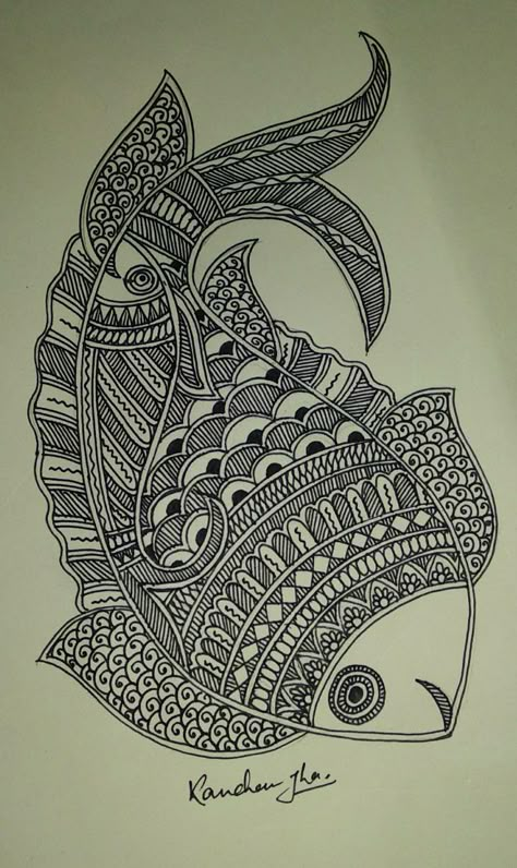 Folk Art Sketches, Madhubani Sketch, Fish Mandala Art, Zantangle Art, Mithila Painting, Doddle Art, Madhubani Paintings, Boho Art Drawings, Kalamkari Painting