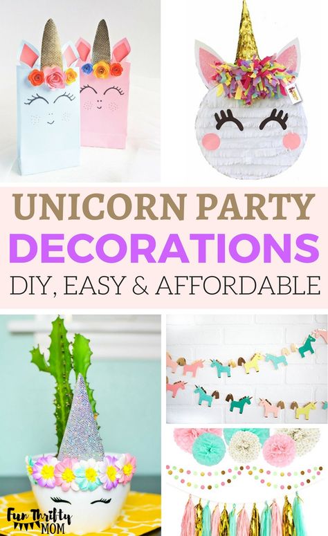 Unicorn Party Decoration Ideas. Some DIY some easy and affordable! Throw a fun unicorn birthday party for your little girl! Pretty decor items in pink, purple, teal and gold! Diy Unicorn Birthday Card, Diy Unicorn Party Decorations, Unicorn Birthday Party Ideas Diy, Unicorn Recipes, Diy Unicorn Birthday Party, Diy Unicorn Party, Creative Birthday Party Ideas, Unicorn Birthday Party Ideas, Unicorn Party Food