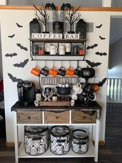 Halloween Coffee Bar, Gothic Farmhouse, Halloween Decor Diy, Image Halloween, Spooky Home Decor, Halloween Room Decor, Diy Halloween Decor, Dark Home Decor, Home Coffee Bar