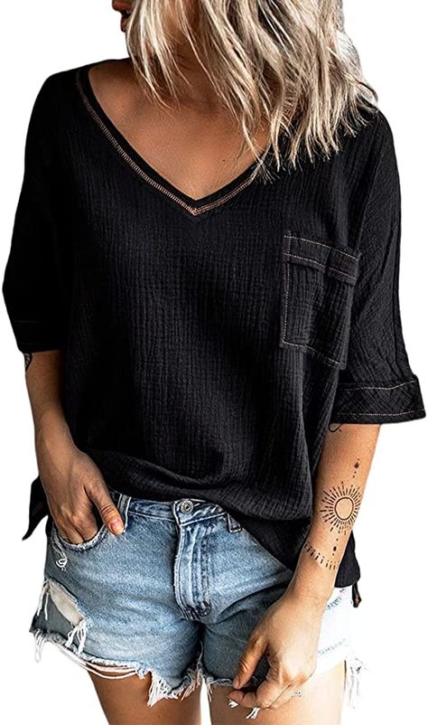 Amazon.com: Actloe Women's Casual V Neck Tops Short Sleeve T-Shirt Tees with Pocket : Clothing, Shoes & Jewelry Black Tank Top Outfit, Womens Half Sleeve, Summer Tee Shirts, Blouse Sale, Black Tank Top, Pocket Shirt, Collar Blouse, V Neck Blouse, Black Tank