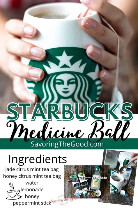 This copycat Starbucks medicine ball recipe is straight from the Starbucks secret menu and a must drink during cold and flu season. This medicine ball drink contains Jade citrus mint tea, honey citrus mint tea, peach tranquility herbal tea (both Teavana) steamed lemonade, honey, and an optional pump of peppermint syrup. Medicine Ball Recipe, Starbucks Medicine Ball Tea, Starbucks Medicine Ball Recipe, Medicine Ball Tea, Starbucks Medicine Ball, Soothe A Sore Throat, Mint Tea Recipe, Teavana Tea, Starbucks Tea