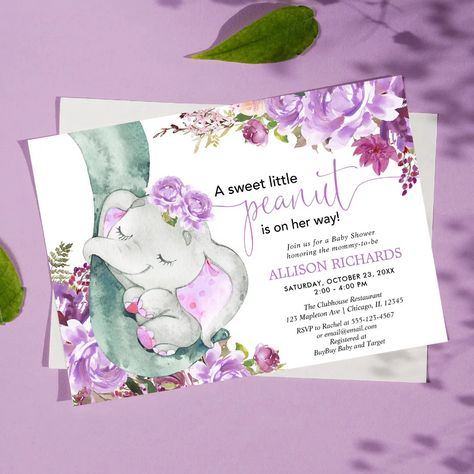 Purple elephant girl floral baby shower invitation | Zazzle Elephant Baby Shower Girl, Peanut Baby Shower, Purple Elephant, Elephant Baby Shower Invitations, Baby Shower Supplies, Elephant Baby Showers, Floral Baby Shower Invitations, Baby Shower Invites