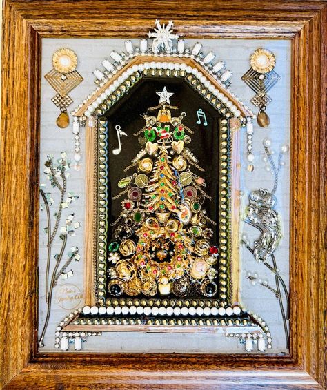 CHRISTMAS WINDOW FRAMED JEWELRY ONE OF A KIND ART HOME DECOR UNIQUE GIFT | eBay Jewelry Trees, Ribbon Flowers Diy, Framed Jewelry, Jewelry Christmas Tree, Christmas Tree Art, Vintage Jewelry Crafts, Crafts Decor, Home Decor Unique, Repurposed Items