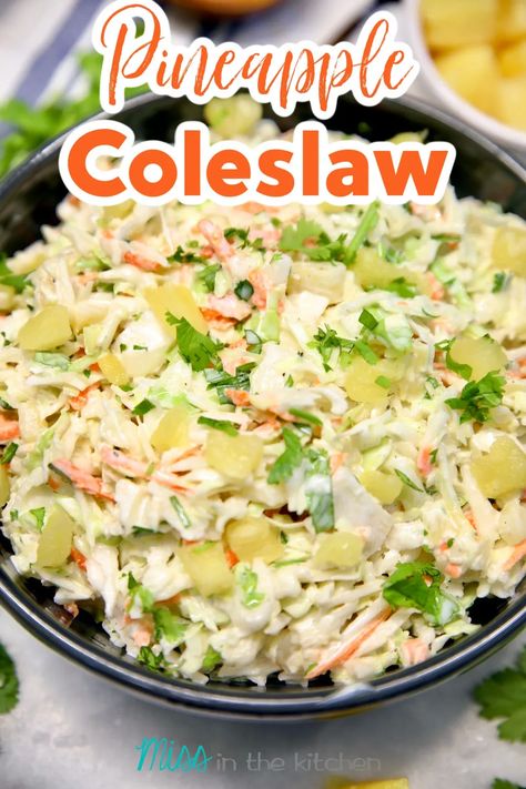 Add this quick and easy Pineapple Slaw to your must-try list for a family favorite side dish that is ready in about 5 minutes. Pineapple Coleslaw Recipe, Pineapple Slaw, Pineapple Coleslaw, Mediterranean Salad Recipe, Grilled Side Dishes, Big Family Meals, Fresh Summer Salad, Grilling Sides, Greek Salad Recipes