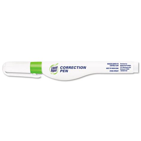 Make neat, detailed corrections to your documents with Paper Mate Liquid Paper All-Purpose Correction Pen. This pen dispenses the quick-drying fluid evenly and accurately with a gentle squeeze, giving you pinpoint control over your corrections. The precise double-ball tip prevents the liquid from clogging, making it ideal for correcting individual letters and numbers. Correction Fluid Type: Pen Applicator; Color(s): White; Applicator Type: Pen Tip; Capacity (Volume): 6.8 mL.Features: Fast-drying liquid for neat, tidy corrections. Pen shape and precise tip offer pinpoint control. Double-ball tip prevents clogging. Squeeze control for controlled release of liquid. Pocket clip for convenience. White Out Pen, Wite Out, Liquid Paper, Correction Pen, Correction Fluid, Correction Tapes, Sharpie Permanent Markers, Correction Tape, Pen Store