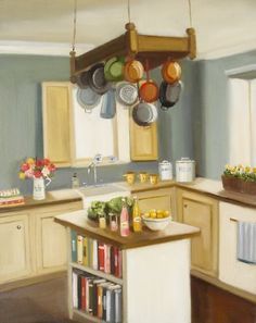 . Janet Hill, Busy Kitchen, Interior Illustration, Scene Art, Room Paint, Interior Art, Pots And Pans, Painting Style, Kitchen Interior