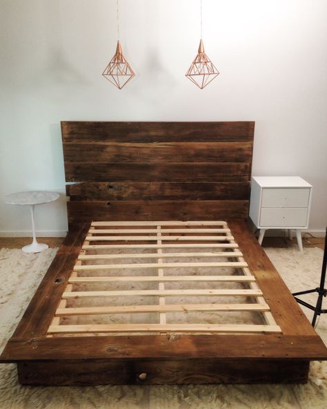 20+ Wood Bed Frames Diy. This type of bed frame is usually crafted using wooden materials with simple designs and basic. Diy bed frame ideas with wood... Diy Platform Bed Plans, Homemade Bed Frame, Diy Platform Bed Frame, Diy Bedroom Ideas, Unique Bed Frames, Wood Bed Frame Diy, Homemade Beds, Reclaimed Wood Bed Frame, Reclaimed Wood Beds