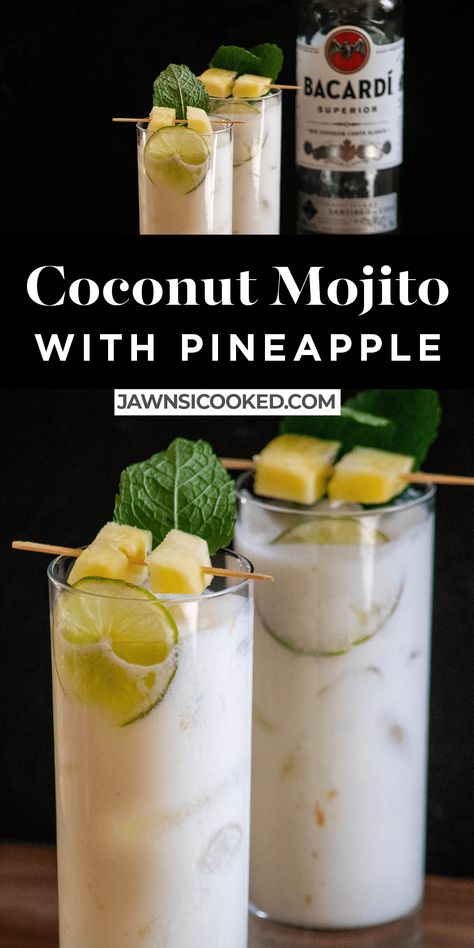 Pineapple Coconut Mojito, Coconut Mojito Recipe, Pineapple Mojito, Coconut Mojito, Easy Alcoholic Drinks, Yummy Alcoholic Drinks, Mojito Recipe, Boozy Drinks, Mixed Drinks Recipes