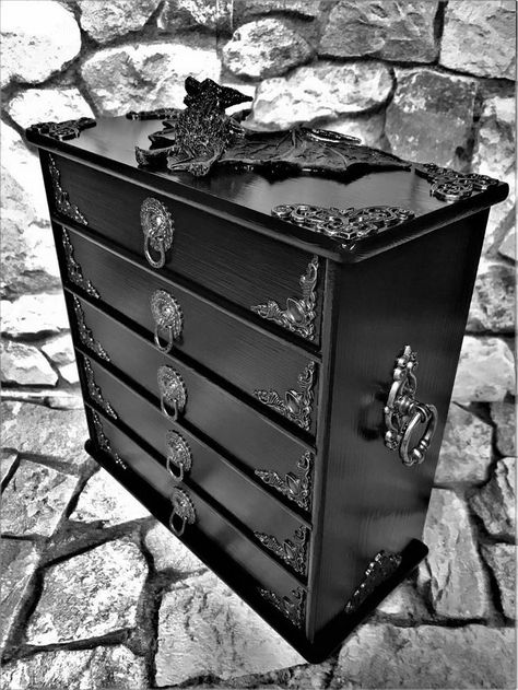 Gothic Dresser Makeover, Goth Jewelry Box, Goth Dresser, Gothic Dresser, Witchy Products, Gothic Furniture Diy, Gothic Home Decor Ideas, Diy Furniture Upholstery, Gothic Decor Bedroom