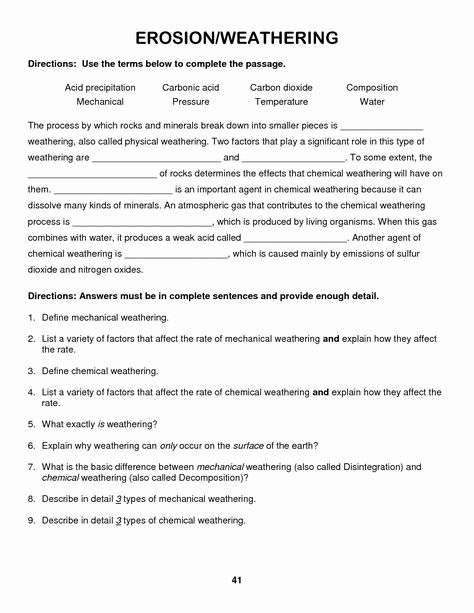 Weathering Erosion and Deposition Worksheet Unique Weathering and Erosion Worksheets Erosion Worksheet, Erosion Activities, Physical Weathering, Chemical Weathering, Earth Science Lessons, Weathering And Erosion, 8th Grade Science, Earth And Space Science, Science Worksheets