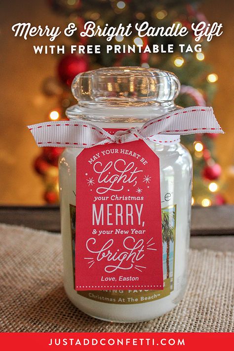 This super simple Merry and Bright Candle Gift idea is such a sweet way to dress up a candle for your Christmas gift giving. All you need is your favorite scented candle, ribbon, and the free printable gift tag! #Christmasgiftidea #freeprintable #Christmas Candle Christmas Gift Tag, Candle Gift Tags Printable Labels, Candle Gift Ideas Christmas, Candle Gifts For Teachers, Candle Sayings Gift Ideas Free Printable, Christmas Candle Sayings, Teacher Candle Gift Tag Free Printable, Christmas Candle Gifts, Candle Sayings Gift Ideas