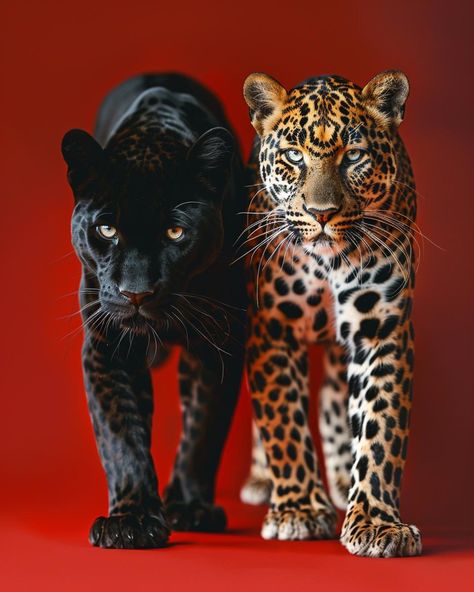 Unlikely companions: a panther and a leopard, sharing a moment in the spotlight. Pretty Animals, Big Cat, Dark Feminine, Leopards, Black Panther, Big Cats, Wild Cats, Pretty Wallpapers, Jaguar