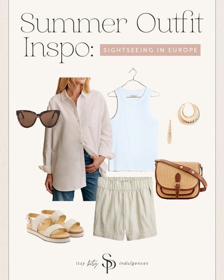 Here's another summer sightseeing outfit for Europe travel. You can get 20% off these flatform sandals with the code SHANNON20. Also included in this look are these gold earrings, big sunglasses, a Sezane Paris purse, these linen shorts and matching button down shirt, and finally this white tank from Madewell. You can check out the whole look on my LTK page if you want to recreate it! | outfits, style, ideas, inspiration, clothes, wardrobe Summer Sightseeing Outfit, Outfit For Europe, Gold Earrings Big, It Outfits, Sightseeing Outfit, Clothes Wardrobe, Packing For Europe, Big Sunglasses, Practical Fashion