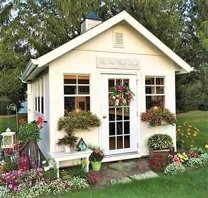 Garden Shed Playhouse Combo, Landscape Shed Ideas, Potting Sheds Interiors, Outdoor Shed Decor, She Shed Landscaping Ideas, Cute Sheds Ideas Backyards, Cute Shed Ideas, Cute Sheds, Garden Shed Exterior Ideas