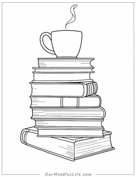 Cup of coffee on books coloring page Coffee Coloring Pages, Coffee Cup Pictures, Cup Pictures, Food Sketches, Coffee Cup Drawing, Our Mindful Life, Food Sketch, Coloring Pages Free Printable, Stencils Printables