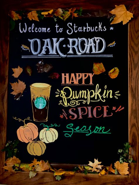 Fall Menu Board Ideas, Starbucks Sign, Starbucks Poster, Starbucks Autumn, Chalkboard Restaurant, Autumn Signs, Halloween Chalkboard Art, Specials Board, Starbies Drinks