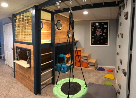 Living Room Playground, Toddler Boy Room Loft Bed, Kids Basement Play Area, Sensory Playroom Ideas, Basement Kids Hangout, Indoor Playground Basement, Basement Toy Room, Basement Play Area, Kids Playroom Basement