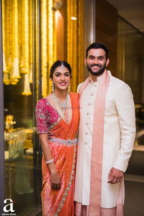 Photo From Shravya And Sharan's Engagement  - By Ashwin Kireet Photography Indian Wedding Reception Outfits, Wedding Reception Outfit, Engagement Saree, Reception Outfits, Bridal Sarees South Indian, Couple Wedding Dress, Wedding Saree Blouse, Wedding Saree Blouse Designs, Wedding Saree Collection