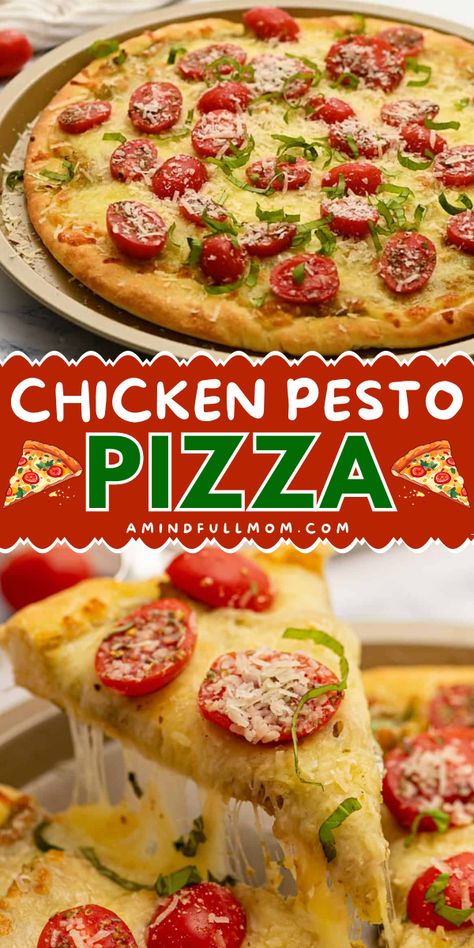 Made with vibrant basil pesto, creamy mozzarella cheese, and fresh tomatoes, this Pesto Pizza is the ultimate summer pizza! Keep it vegetarian or add shredded chicken for a heartier Chicken Pesto Pizza. Pesto Chicken With Mozzarella, Pizza Recipes Pesto, Pesto Chicken Naan Pizza, Pizza Pesto Chicken, Chicken Pesto Flatbread Pizza, Chicken Pesto Pizza, Summer Pizza, Rotisserie Chicken Recipes Leftover, Real Foods