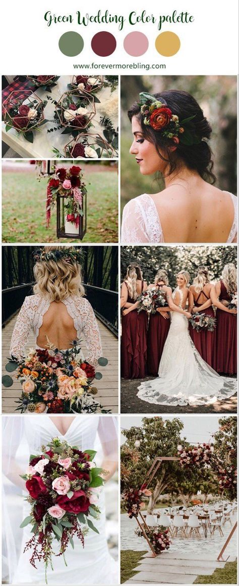 Wedding Color Palette Burgundy, Bridesmaid Dresses Olive, Centerpieces Burgundy, Color Palette Burgundy, Green And Burgundy Wedding, Burgundy Weddings, Burgundy Wedding Centerpieces, Burgundy Wedding Dress, Olive Green Bridesmaid Dresses