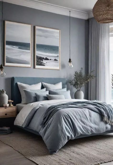 Blue And Gray Bedroom Ideas Decorating, Blue Grey Bedding Ideas, Grey Bed Blue Walls, Room With Grey Walls Bedroom Ideas, Blue Scandinavian Bedroom, Master Bedrooms Decor Grey Bed, Gray Blue Bedroom Ideas, Blue Grey Bedroom Walls, Cozy Blue Bedroom Ideas