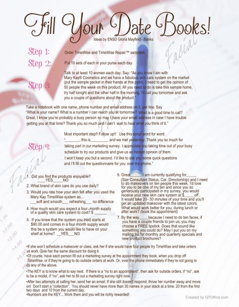 Fill your date book idea by Mary Kay ENSD Gloria Mayfield-Banks Mary Kay Scripts, Mary Kay Booking, Mary Kay Office, Mary Kay Sale, Mary Kay Inspiration, Mary Kay Gifts, Selling Mary Kay, Mary Kay Marketing, Mary Kay Party