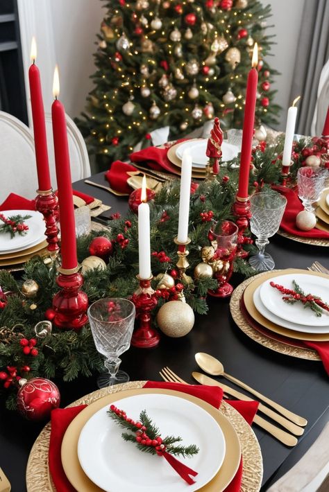 Embrace timeless holiday elegance with these stunning red and gold table settings! We're sharing our favorite classic Christmas combinations, from rich velvet runners to gleaming metallic accents. Perfect for those who love traditional holiday decor with a touch of glamour. #TraditionalChristmas #HolidayDecor #ChristmasTable Christmas Dinner Table Red And Gold, Red Christmas Dinner Table Decor, Classic Christmas Table Setting, Red And Gold Christmas Table Decorations Centerpiece Ideas, White And Silver Christmas Table Decor, Easy Christmas Dinner Table Decorations, Red And Gold Christmas Table Decor, Christmas Table Red And Gold, Table New Year Decoration