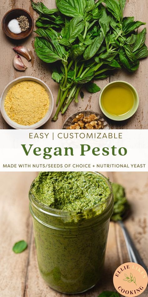 Vegan pesto made with nutritional yeast, nuts/seeds of choice, basil, and optional greens. This recipe is customizable and so easy to make! #vegan #pesto #dairyfree #easyrecipe Easy Vegan Pesto, Vegan Pesto, Nuts & Seeds, Nutritional Yeast, Inspired Recipes, Delicious Vegan Recipes, Healthy Sweets, Nut Free, Easy Vegan