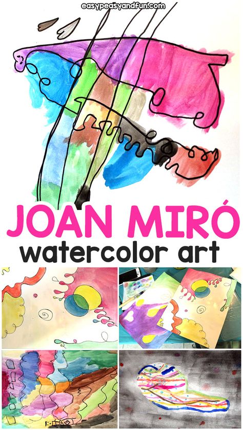 Joan Miro Watercolor art for Kids + Lesson on Joan Miro - Easy Peasy and Fun Easy Watercolor Paintings For Kindergarten, Watercolor Art For Prek, Kindergarten Abstract Art Projects, Famous Artists For Preschool, Artist For Preschoolers, Watercolor Art Lessons Elementary, Watercolor For Kindergarten, Watercolor Art Preschool, Famous Artists For Kids Preschool