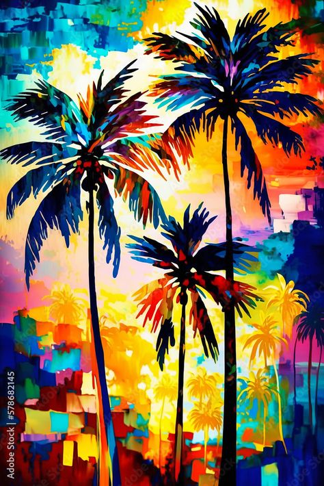 Palm Tree Landscape, Palm Trees Landscaping, Cuban Culture, Tree Landscape, Palm Tree, Colorful Art, Palm Trees, Stock Illustration, Abstract Painting