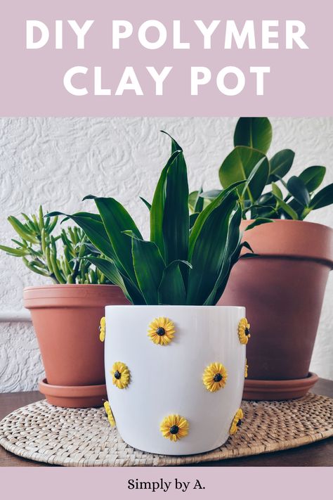 flower pot with polymer clay sunflowers details on it Polymer Clay Flower Pots Decorate, Sculpey Plant Pot, Polymer Clay On Terra Cotta Pots, Polymer Clay Terracotta Pot, Flower Pot Clay Art, Clay Pot For Plants, Handmade Clay Plant Pot, Air Dry Clay Flower Pot Ideas, Polymer Clay Pots Plants