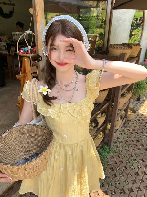 Kawaii Girl Outfits, Shifting Wardrobe, Cute Yellow Dresses, Photography Guidelines, Korean Summer Outfits, Pink Clothing, Yellow Dresses, Girl Haircut, Aesthetic Dress