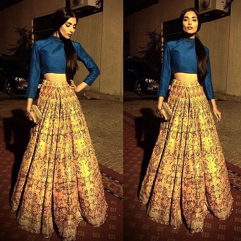 Indian Long Skirts, Crop Top Indian, Indo Western Lehenga, Western Lehenga, Silk Crop Top, Top Indian, Ghagra Choli, Indian Lehenga, Yellow Skirt