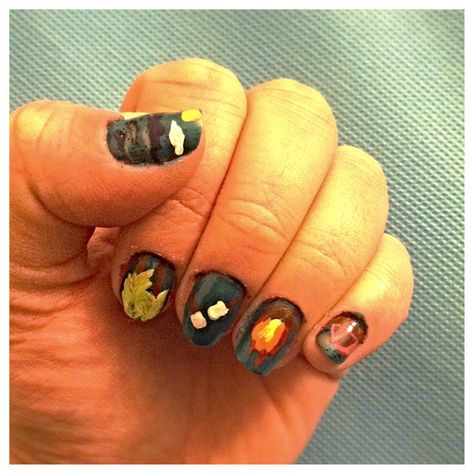 Camping themed nails (from pinky to thumb): Tent, campfire, 'smores, trees and lake view. Nails For Camping, Campfire Smores, Themed Nails, Pinky Finger, Sport Motivation, Lake View, Simple Nails, Campfire, Nail Design