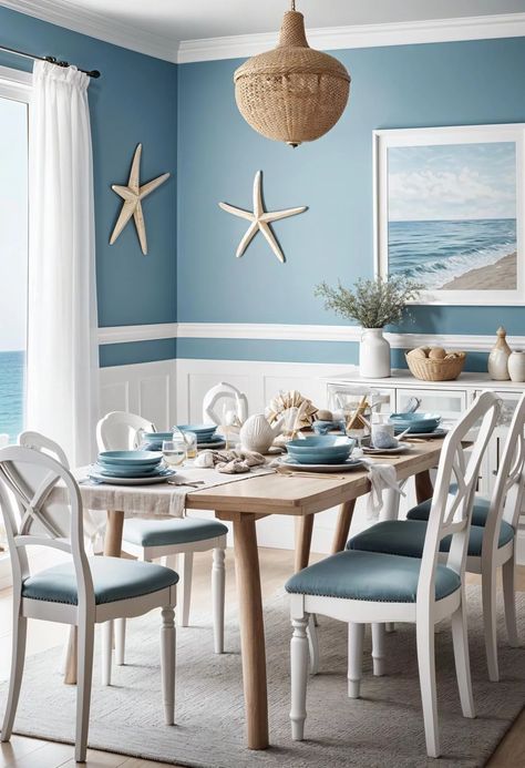 Ocean Theme Dining Room, Tropical Dining Room Ideas, Beach Theme Dining Room Table, Ocean Dining Room, Beach Theme Dining Room, Cozy Coastal Dining Room, Seaside Dining Room, Chic Dining Room Ideas, Dining Room Coastal