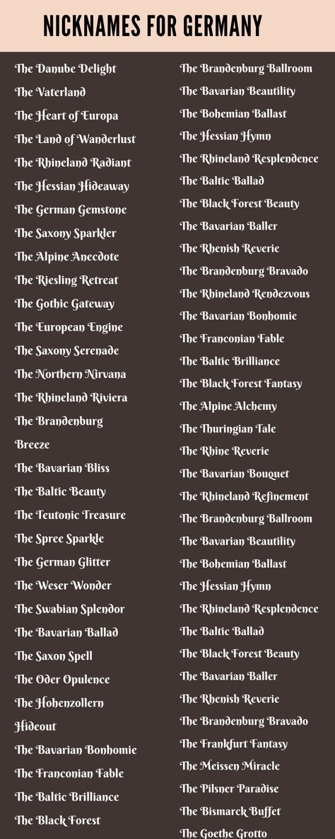 Are you tired of using the same old names to refer to your friends or loved ones? Well, you’re in luck because I’ve got just the thing for you! In this blog article, we’re going to explore the fascinating world of nicknames for American people. Trust me, you won’t be disappointed! Now, let me introduce ... <a title="360 Creative Nicknames For Germany" class="read-more" href="https://allbusinessnames.com/nicknames-for-germany/" aria-label="More on 360 Creative Nickna... Creative Nicknames, Cool Nicknames, Funny Nicknames, Good Nicknames, Let Me Introduce Myself, Group Names Ideas, The Best Perfume, Study Timetable Ideas, Effective Study Timetable