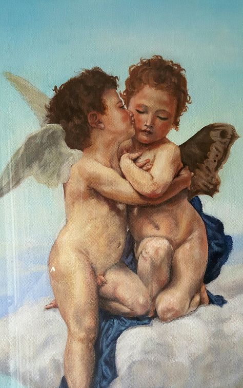 The first Kiss (Il Bacio). Angels. Interpretation of original Angel Baby Painting, Angels Kissing, Charles Bargue, Blue Law, Kissing Drawing, Cherub Baby, The First Kiss, Kiss Painting, Persian Art Painting