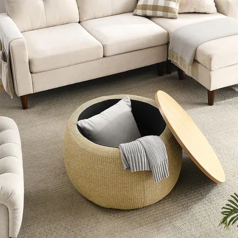 2in1 Round Storage Ottoman/Table - On Sale - Bed Bath & Beyond - 34626232 Circle Ottoman, Daybed With Drawers, Fabric Storage Ottoman, Round Storage Ottoman, Handmade Ottomans, Daybed With Storage, Ottoman Coffee, Seat Storage, Round Storage