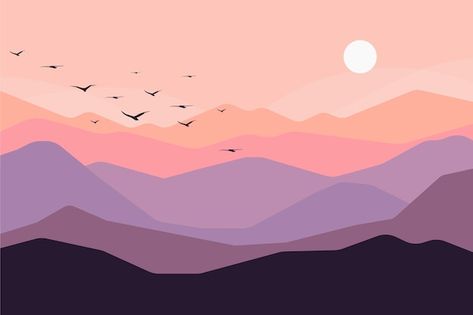 Landscape Flat Design, Vector Background Landscape, Mountain Sunset Illustration, Mountains Illustration Art, Mountain Vector Art, Vector Illustration Background, Flat Design Illustration Landscape, Nature Illustration Landscapes, Landscape Illustration Minimalist