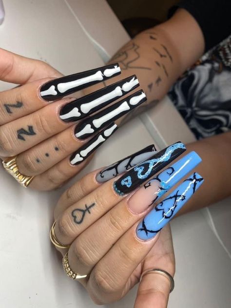 Halloween Nails Acrylic Skeleton, Bone Acrylic Nails, Moody Acrylic Nails, Corpse Bride Nails Acrylic Simple, Corpse Bride Acrylic Nails, Skeleton Nails Acrylic, Corps Bride Nails, Halloween Long Acrylic Nails, Corpse Bride Inspired Nails