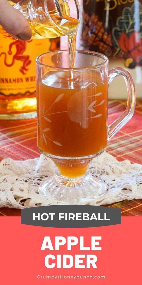 This hot toddy is made with Fireball cinnamon whisky and warm cider. This Fall cocktail will have you toasty and warm in even the chilliest of days or evenings! It is the perfect adult beverage to serve in the fall when the apples are in season and fresh cider is abundant. Get this drink recipe and more at Grumpy's Honeybunch website. Apple Cider With Fireball, Fireball Apple Cider, Fireball Cocktails, Fireball Drinks, Spiked Cider, Sipping Chocolate, Apple Cider Drink, Peanut Butter Hot Chocolate, Spiked Apple Cider