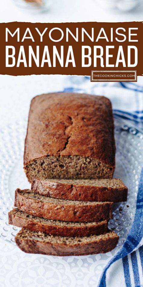 Looking for back to school breakfast ideas? This Mayonnaise Banana Bread is the prefect bread recipe for you! This easy back to school recipe is quick to prepare and comes together in no time. Moist and flavor packed, this quick bread is a sure treat! Banana Bread Mayonnaise Recipe, Banana Bread Made With Mayonnaise, Banana Bread Recipe With Mayonnaise, Banana Bread With Mayo, Easy Banana Bread Recipe 3 Ingredients, Back To School Breakfast Ideas, School Breakfast Ideas, Savoury Party Food, Banana Bread Recipe Easy Moist