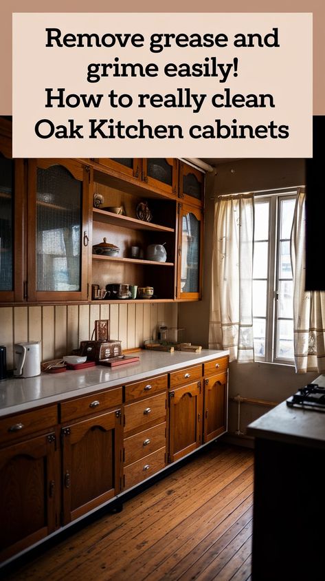 Remove Grease And Grime Easily! How To Really Clean Oak Kitchen Cabinets - 101CleaningTips.net Clean Wood Cabinets Best Way To, Cleaning Oak Cabinets, Cleaning Old Wood Cabinets, How To Clean Oak Cabinets, How To Clean Oak Kitchen Cabinets, Cleaning Wood Cabinets Kitchen, Cleaning Kitchen Cabinets Wood, Clean Oak Kitchen Cabinets, Cleaning Wooden Cabinets