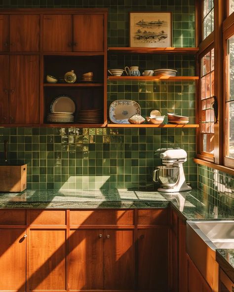 50s Interior Design showcased in a vibrant kitchen with pastel hues and vintage accessories 70s Home Aesthetic, Home Aesthetic Kitchen, 50s Interior Design, Kitchen With Wood Cabinets, 50s Interior, 50s Home, 70s Interior Design, Green Tiles, 70s Interior