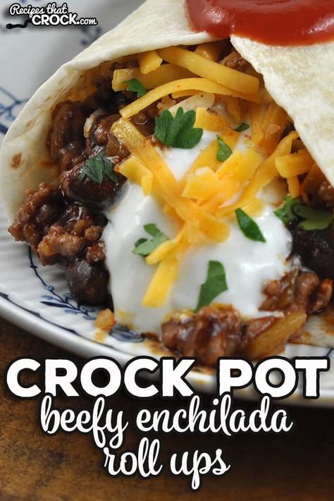 These Crock Pot Beefy Enchilada Roll Ups are a twist on traditional beef enchiladas and taste absolutely amazing! Enchilada Roll Ups, Slow Cooker Meal, Fresh Tortillas, Vegetarian Crockpot Recipes, Roll Ups Recipes, Stove Top Recipes, Vegetarian Crockpot, Beef Enchiladas, Pot Roast Recipes