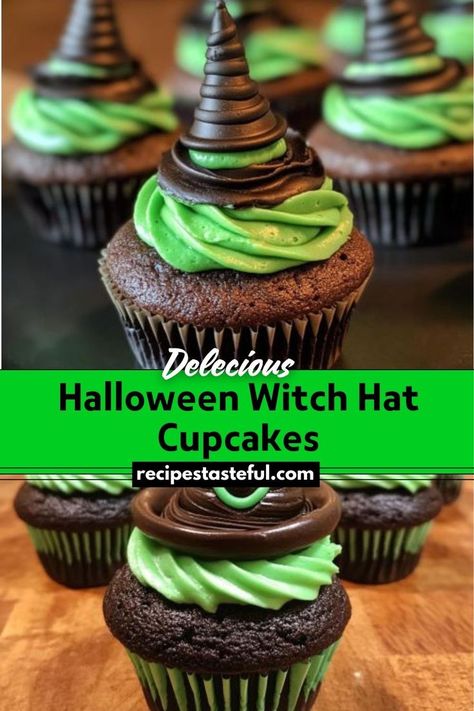 These Halloween Witch Hat Cupcakes are a fun and festive dark chocolate treat with a colorful cream cheese filling and topped with whimsical witch hat decorations. Ideal for Halloween parties, these cupcakes are sure to impress with their spooky yet delightful appearance. Witch Hat Cupcakes, Halloween Cupcakes Decoration, Hat Cupcakes, Witch Cupcakes, Dark Chocolate Frosting, Whimsical Witch, Dark Chocolate Cupcakes, Homemade Frosting, Festive Desserts