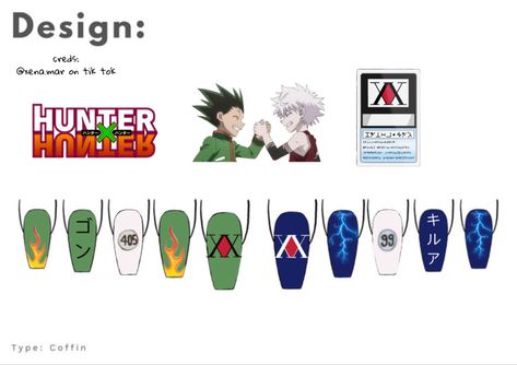 Anime Nails Hunter X Hunter, Hunter X Hunter Nail Designs, Easy Anime Nail Designs, Killua Nails Design, Hxh Nail Art, Hxh Nails Design, Hunter X Hunter Nail Art, Deku Nails Art, Black Clover Nails