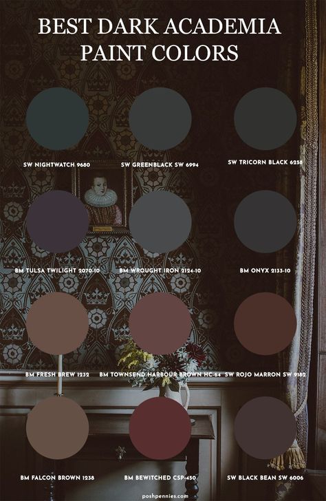 Paint Colors For Dark Academia, Dark Moody Attic Bedroom, Dark Academia Home Color Palette, Moody House Paint Colors, Dark And Moody Color Palette Home, Dark Academia Aesthetic Palette, 1920 Paint Colors, Nice Wall Colors, Dark Academia Aesthetic Paint