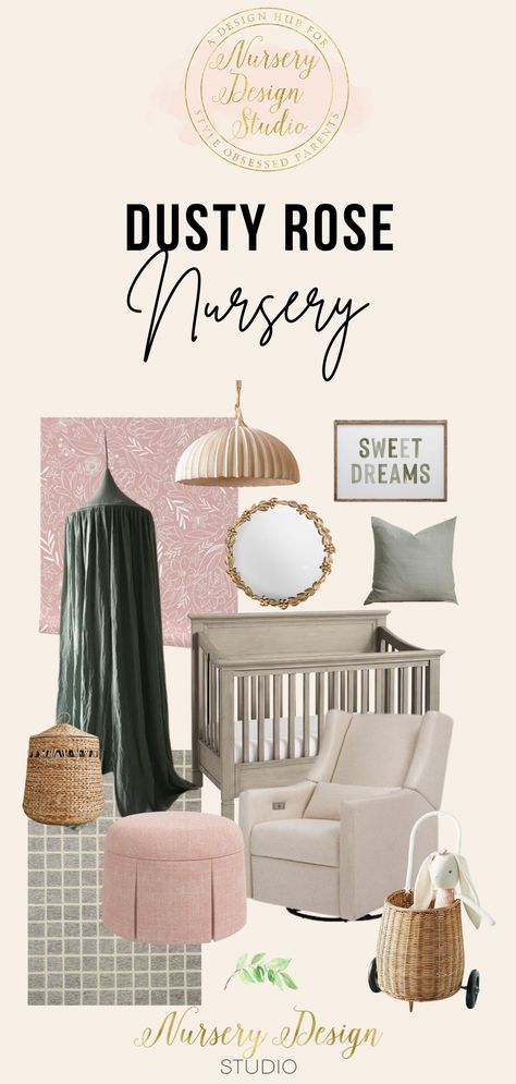 We are excited to share this whimsical dusty rose nursery design, layered with pattern, texture, and coziness Nursery Wall Paint, Dusty Rose Nursery, Royal Baby Nurseries, Small Baby Nursery, Enchanted Forest Nursery, Wall Paint Ideas, Nursery Design Board, Modern Baby Nursery, Rustic Baby Nurseries